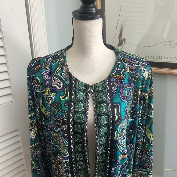 Joan Rivers Jacket Womens XL Green Paisley Slinky Knit Retro Bohemian Travel - Picture 2 of 8